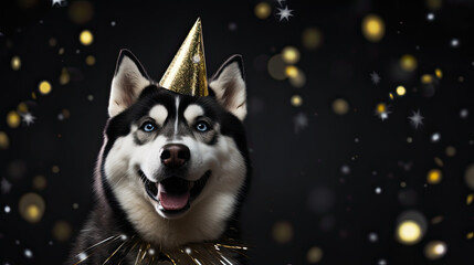 Husky dog wearing a party hat, birthday party, birthday banner, copy space  - obrazy, fototapety, plakaty
