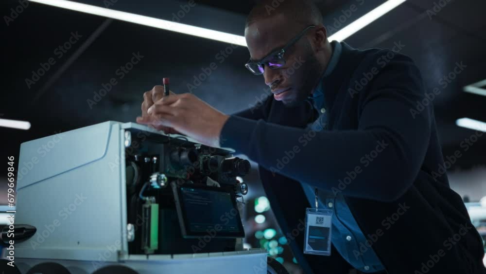 Poster Close Up of an African Engineer Using a Screwdriver While Developing a Remotely Controlled Delivery Robot. Black Specialist Working in High Tech Research Laboratory with Modern Equipment