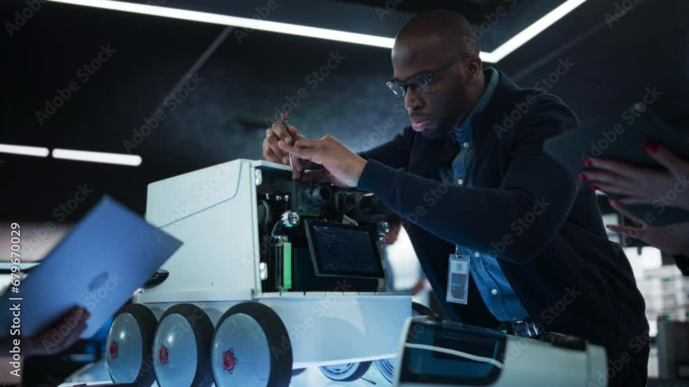 Poster Portrait of a Group of Diverse Engineers Developing a Remotely Controlled Mobility Robot in an Industrial Research Facility. Black Male Specialist Pitching his Ideas and Advising his Team