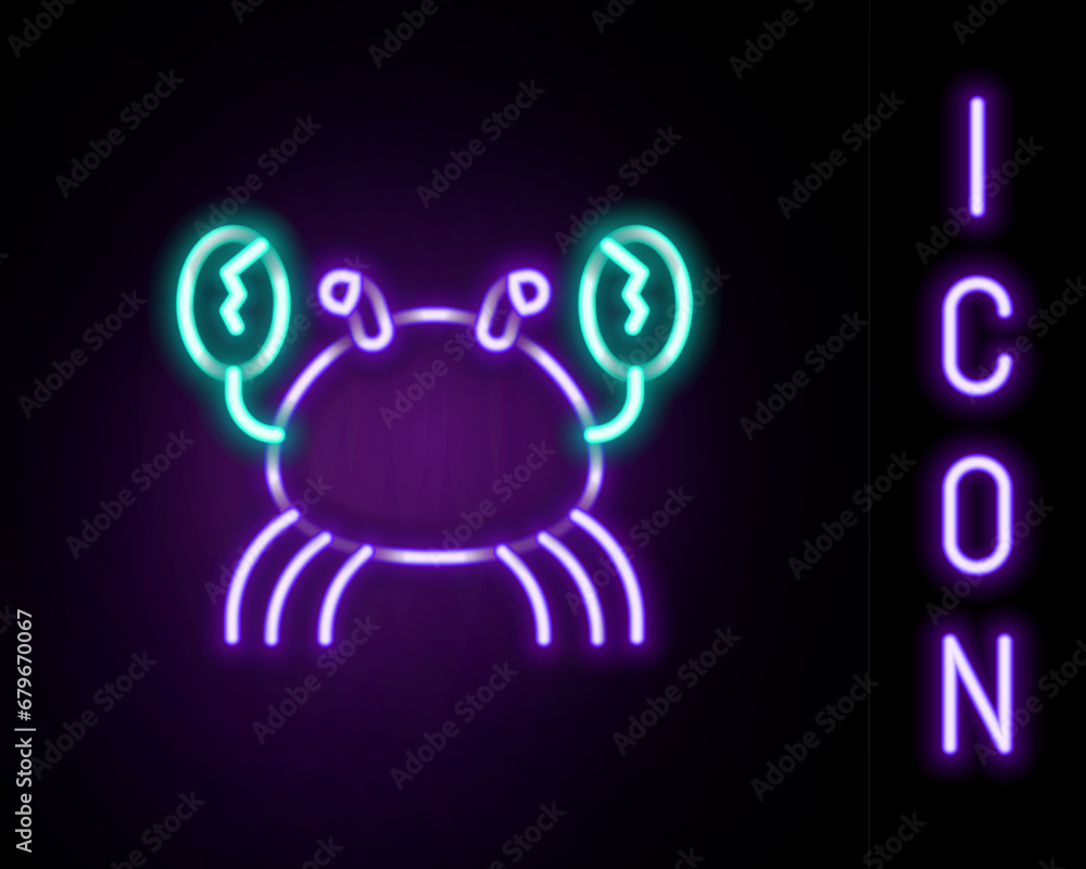 Poster Glowing neon line Crab icon isolated on black background. Colorful outline concept. Vector