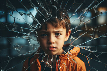 Little boy peeking out of a broken window  glass. 