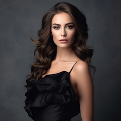 Naklejka premium Amazing luxury seductive woman in stylish black party dress posing on white wall. Bright smokey eyes make up, healthy wavy hairs. Fashion portrait, ai technology