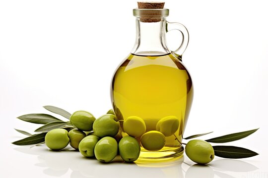Olive oil in a bottle and olives on white background. Ai Generative