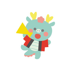 メガホンを持って法被を着た飛んでいる辰（龍）