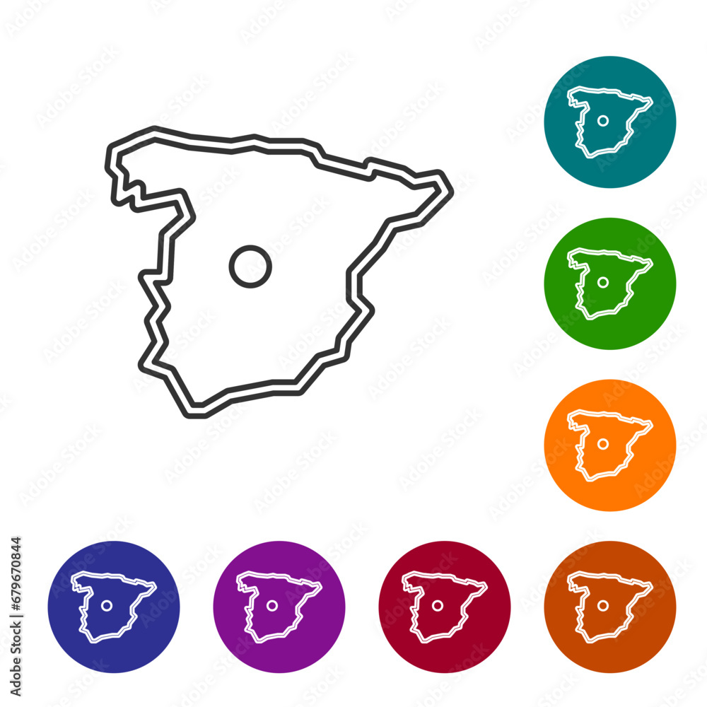 Poster black line map of spain icon isolated on white background. set icons in color circle buttons. vector