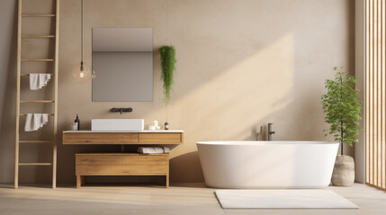 Fototapeta na wymiar Minimalistic bathroom interior with plants in light colors. Bathing accessories and window. Design idea, style.