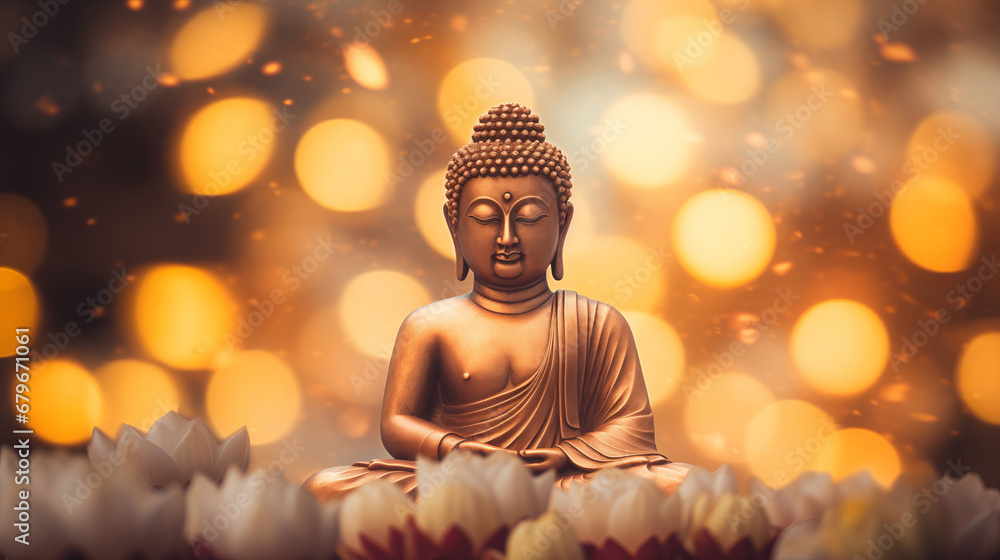 Wall mural buddha statue meditate with golden aura on yellow lotus background with light bokeh. banner vesak da