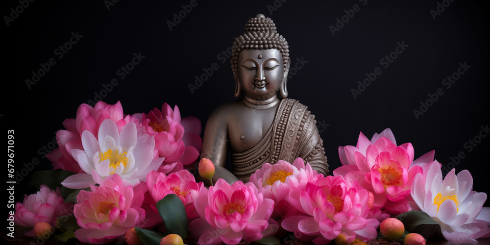 Wall mural buddha statue meditate with flowers lotus on dark background. banner vesak day