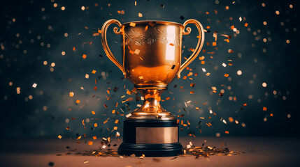 Champion golden trophy with gold stars on blue dark background.