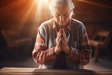 Elder woman pray in church Christian life crisis prayer to god. Hands praying to god with bible on sunlight glare - obrazy, fototapety, plakaty