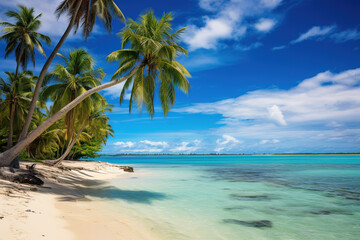 Fototapeta na wymiar Tropical Beach with Palm Trees and Waves Crashing on the Shore