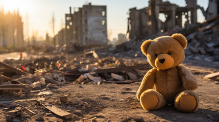 Alone dirt toy bear lies rubble of house. Concept destroy life of baby after accident war or earthquake - obrazy, fototapety, plakaty