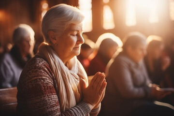 Elder woman pray in church Christian life crisis prayer to god. Hands praying to god with bible on...