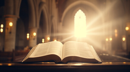 Open Holy book with ancient bible scripture on wooden desk with sunlight on background church....