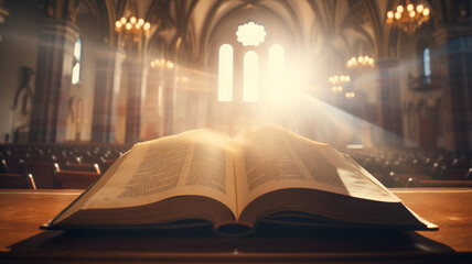 Open Holy book with ancient bible scripture on wooden desk with sunlight on background church....