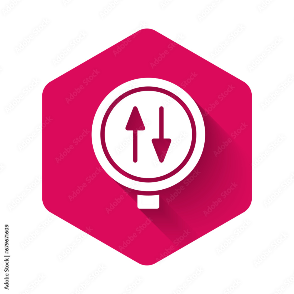 Poster white road sign warning two way traffic icon isolated with long shadow background. pink hexagon butt