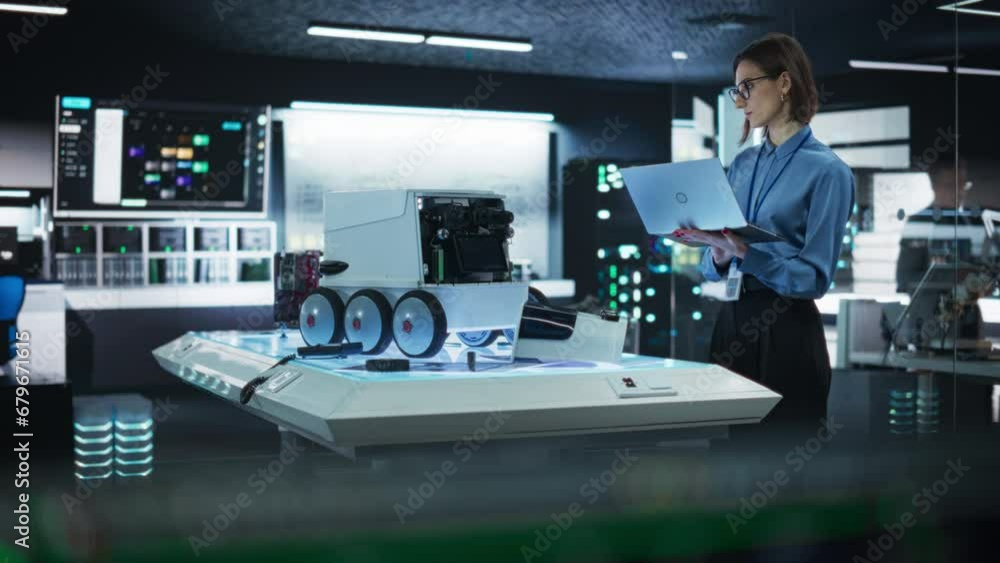 Poster Portrait of a Female Technical Specialist Working in High Tech Research Laboratory with Modern Equipment: Female Developer Using Laptop to Write Code for an Advanced-Technology Delivery Robot