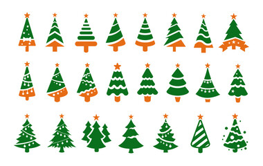 Obraz premium Christmas tree flat icons set. Black Christmas tree green vector silhouettes with orange stars