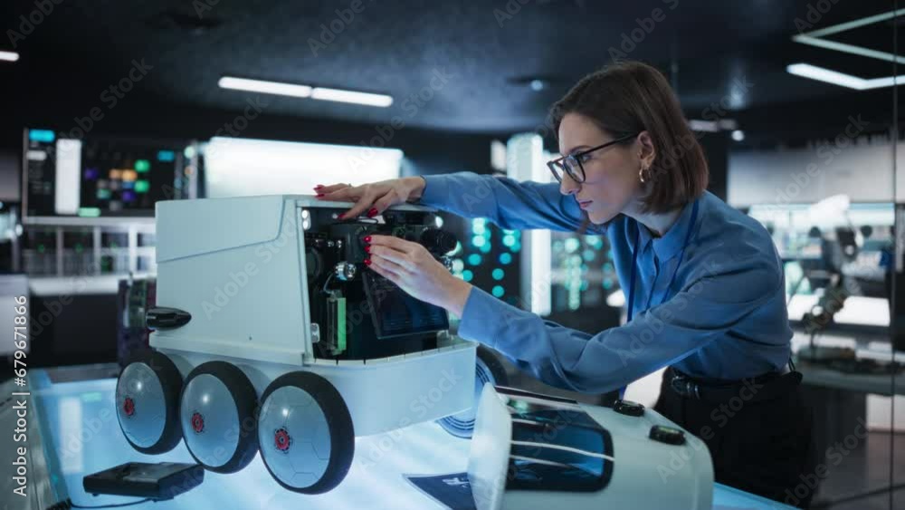Poster Portrait of a Female Engineer Using a Laptop While Developing a Remotely Controlled Delivery Robot.Technical Specialist Working in High Tech Research Laboratory with Modern Equipment