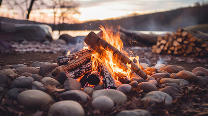 Generative AI, Burning bonfire, beautiful winter landscape, camping outdoor concept in neutral muted colors, tourist camp..