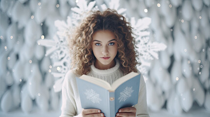 Beautiful young woman reading a book, winter scene, Christmas atmosphere  - obrazy, fototapety, plakaty
