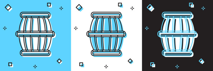 Set Gun powder barrel icon isolated on blue and white, black background. TNT dynamite wooden old barrel. Vector