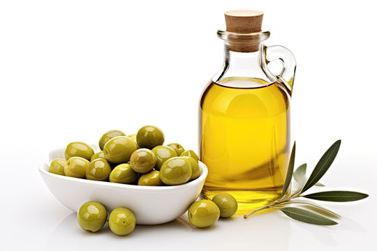 Olive oil in a bottle and olives on white background. Ai Generative