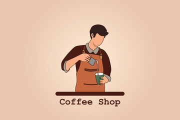 Male barista making coffee at coffee shop. Vector illustration.