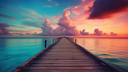Obraz premium Wooden pier extending into the ocean, with a sunset on the horizon. Generative Ai