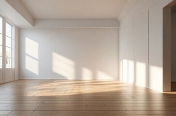 Fototapeta na wymiar Serene White Room with Wooden Floor, Sunlight Casting Beautiful Shadows on the Wall. 