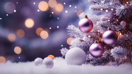 Naklejka na ściany i meble Decorated Christmas tree on purple blurred background., christmas tree decorations