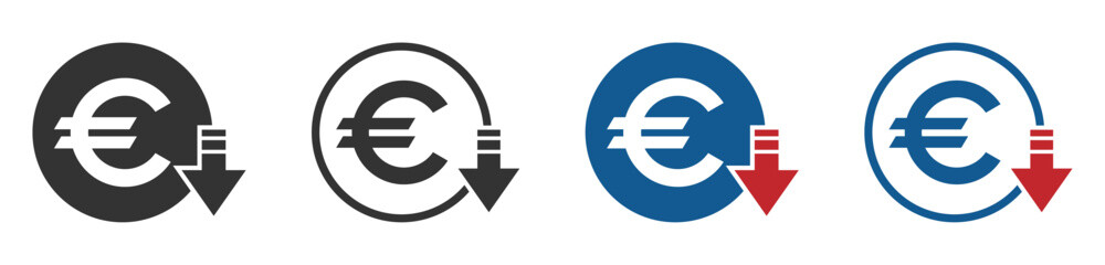 Cost reduction. Euro decrease flat vector icons set - obrazy, fototapety, plakaty
