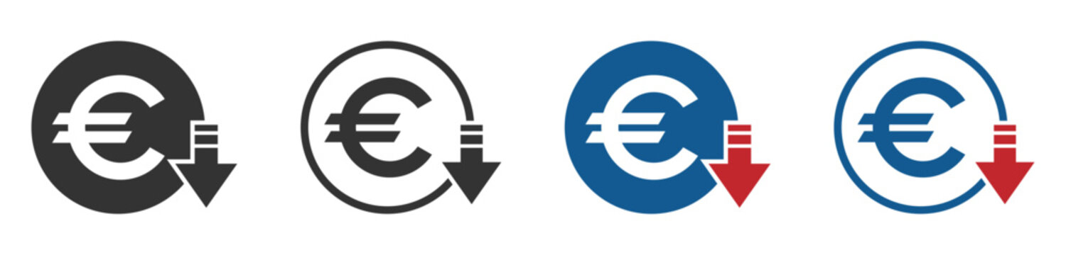 Cost reduction. Euro decrease flat vector icons set