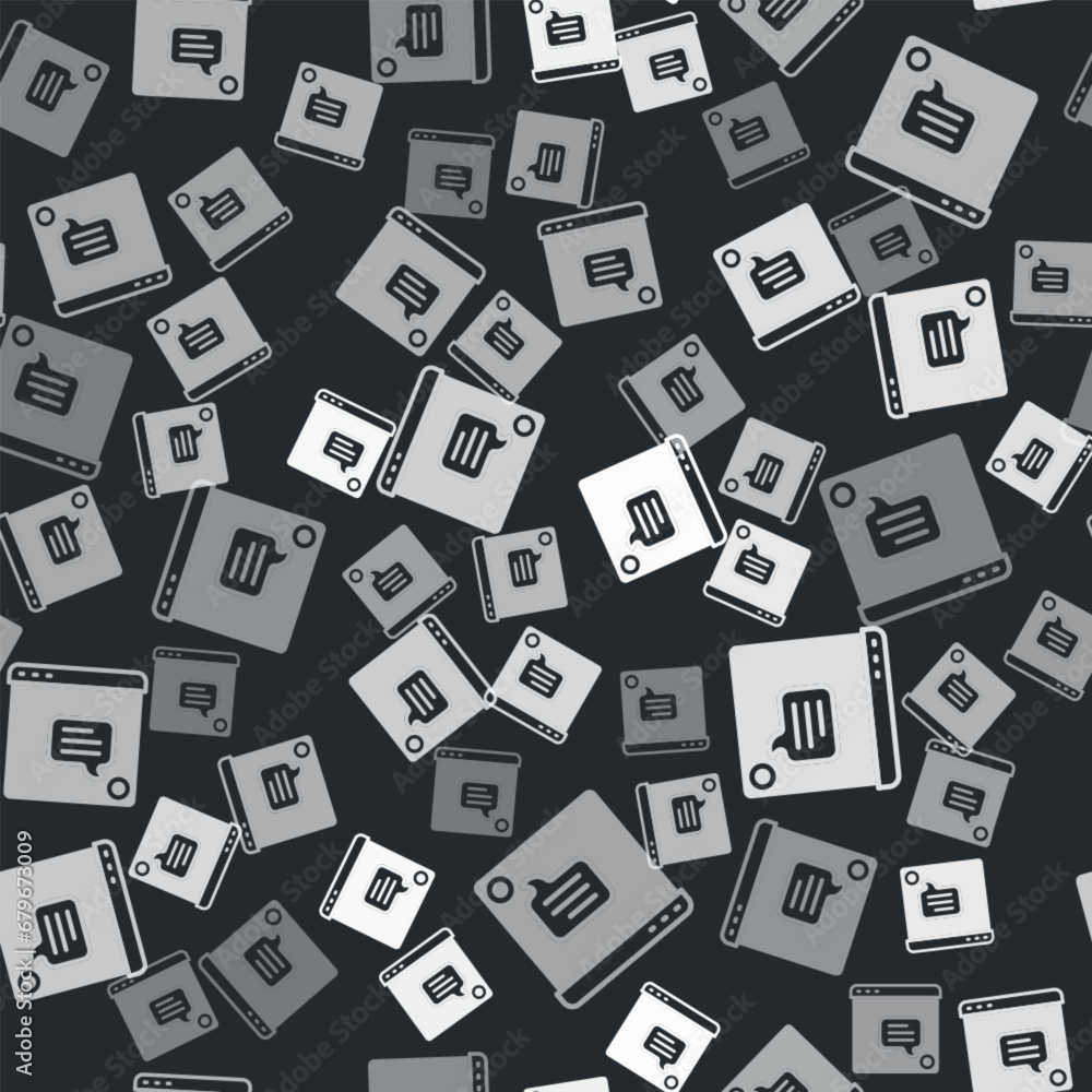 Poster grey new chat messages notification icon isolated seamless pattern on black background. smartphone c