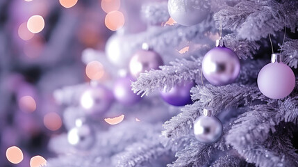 Fototapeta na wymiar Decorated Christmas tree on purple blurred background., christmas tree decorations. Close up of balls on christmas tree. Bokeh garlands in the background. New Year concept.