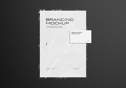 Branding Letterhead And Business Card Mockup With Plastic Texture Overlay