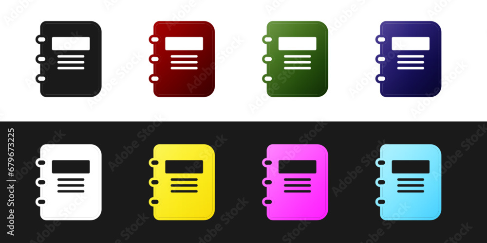 Poster set notebook icon isolated on black and white background. spiral notepad icon. school notebook. writ