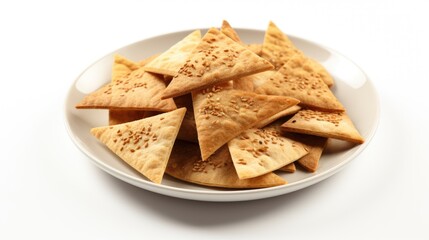 Pita bread chips with sesame seeds on a plate isolated on a white background
