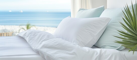 A Peaceful Retreat with Crisp White Linens and Oceanic Serenity Created With Generative AI Technology