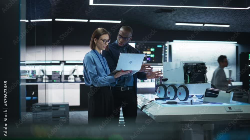 Poster Two Diverse Engineers Developing a Remotely Controlled Mobility Robot in an Industrial Research Facility. Black Male Specialist Pitching his Ideas and Advising his Colleague Using Laptop Computer