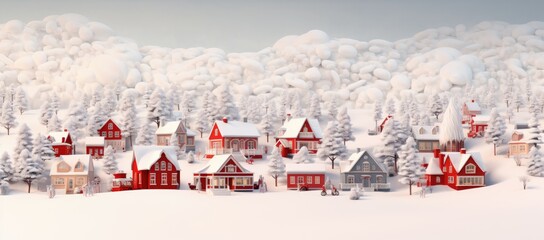 A Winter Wonderland: A Charming Snowy Village with Vibrant Red Houses Created With Generative AI Technology