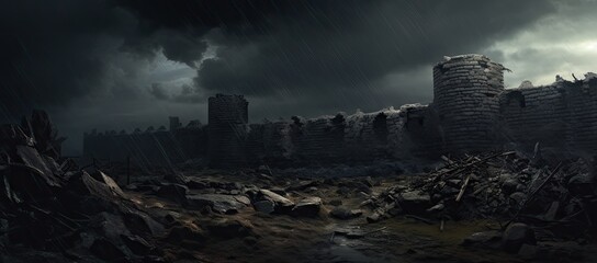 A Mysterious Castle Embraced by a Dark Sky Created With Generative AI Technology - obrazy, fototapety, plakaty