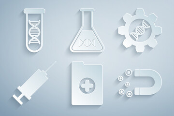 Set Clinical record, Genetic engineering, Syringe, Magnet with money, DNA research, search and icon. Vector