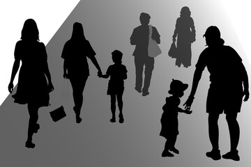 Vector silhouettes of a group of people, women and children on a walk