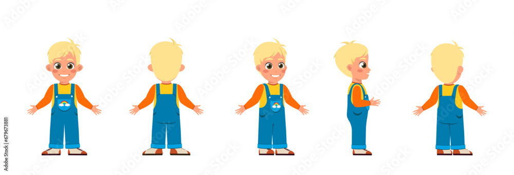 Poster set of character constructor for animation. funny little boy in stylish casual clothes. child body f