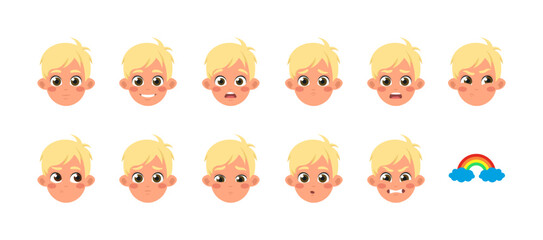 Set of Character Constructor for Animation. Face of funny, happy, scared, upset and tired little boy. Avatar of child expressing emotion. Cartoon flat vector illustrations isolated on white background