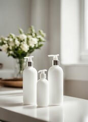 Obraz na płótnie Canvas white cosmetic bottles with a dispenser 