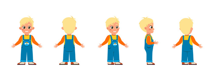 Set of Character Constructor for Animation. Funny little boy in stylish casual clothes. Child body from front, back and side view. Cartoon flat vector illustrations isolated on white background