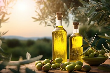 Olive oil in a bottle and olives. Ai Generative