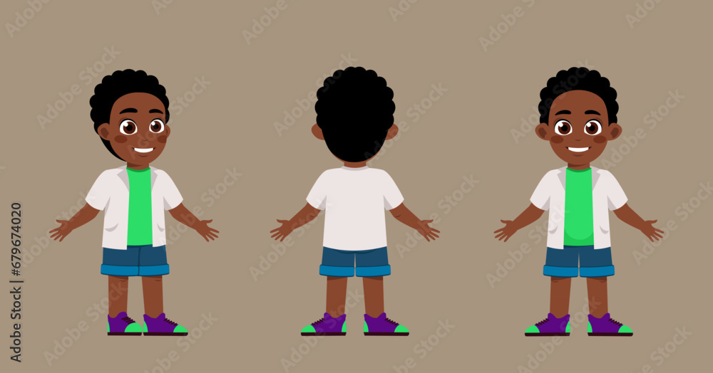 Poster set of character constructor for animation. joyful african american boy from front, back and side vi
